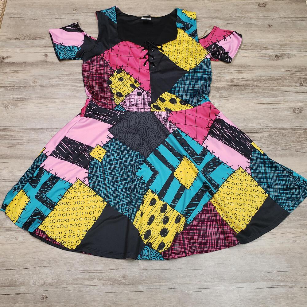 Disney Dress Juniors Large Multi Patchwork Flare Nightmare Before Christmas
